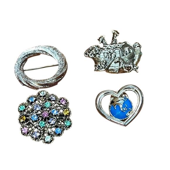 Vintage Jewelry - Vintage Lot Brooches Lapel Pins‎ Gold Tone Noahs Ark World Heart Filigree Circle